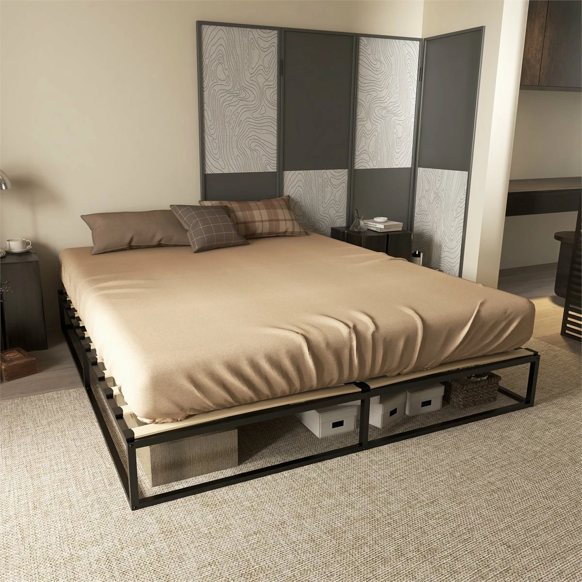 HOMCOM Marco De Cama De Acero Altura 25 Cm Estructura De Cama Para Colchón 180x200 Cm Somier De Listones De Madera Para 1-2 Personas Estilo Moderno Negro - Imagen 2