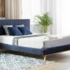 Cama Con Somier De Chenilla Azul Oscuro/madera Clara 180 X 200 Cm TALENCE