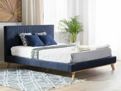 Cama Con Somier De Chenilla Azul Oscuro/madera Clara 180 X 200 Cm TALENCE
