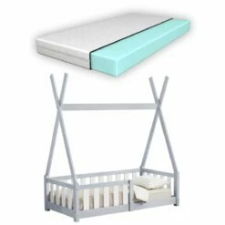 Cama Infantil Helsingborg Con Reja De Seguridad Y Colchón - Diseño Tipi - Pino 140x70 Cm - Gris Claro [en.casa]