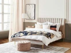 Cama Con Somier De Terciopelo Beige Arena/dorado 160 X 200 Cm MARVILLE