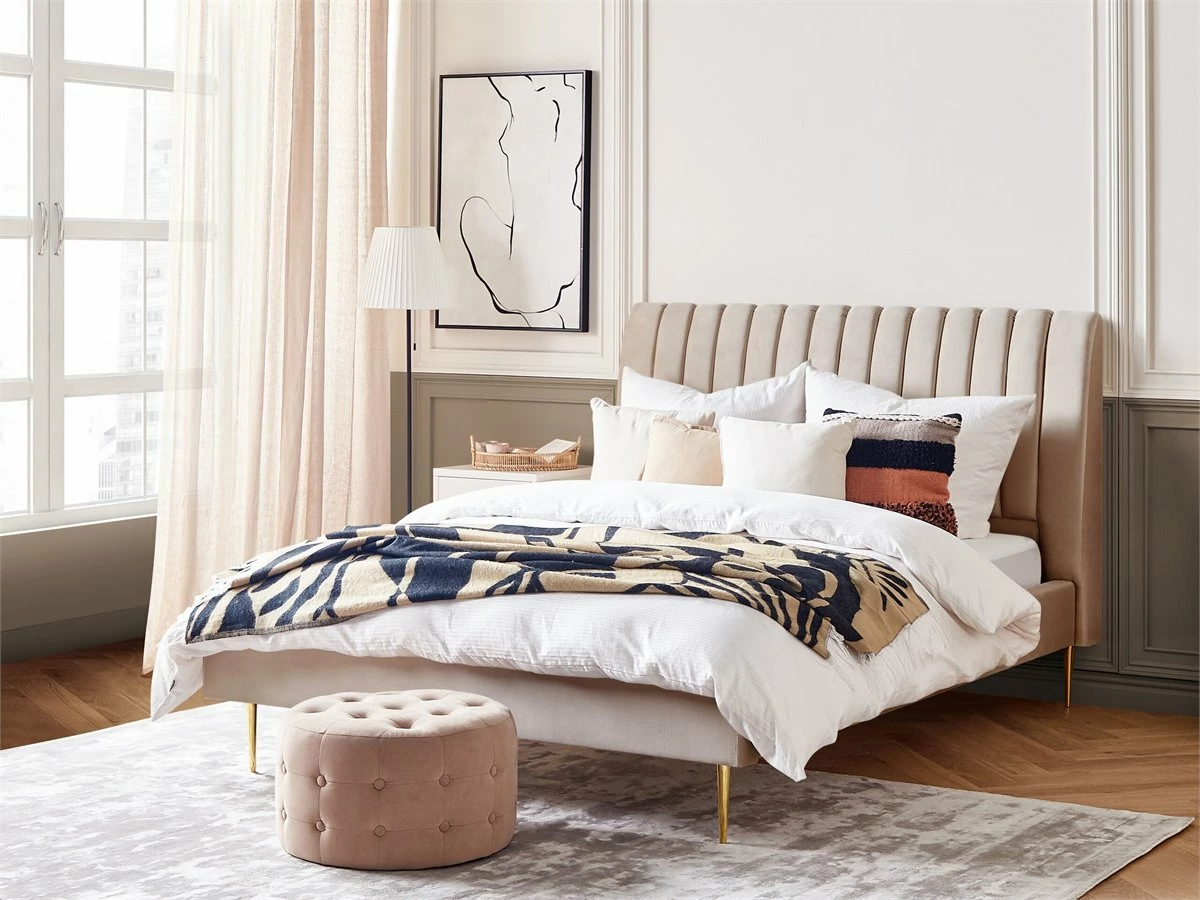 Cama Con Somier De Terciopelo Beige Arena/dorado 160 X 200 Cm MARVILLE