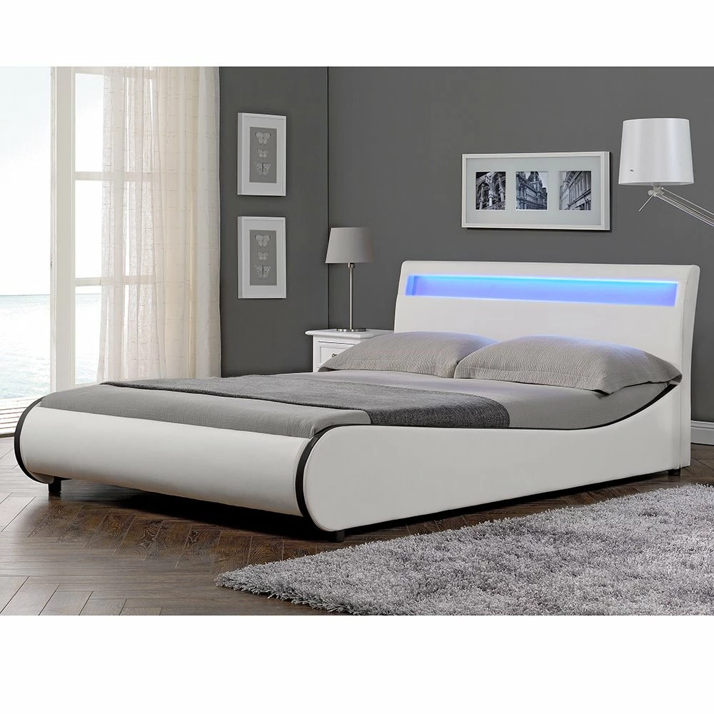 Corium Cama Doble (Valencia) Tapizada En Cuero Sintético Con LED - 140x200cm (blanco)