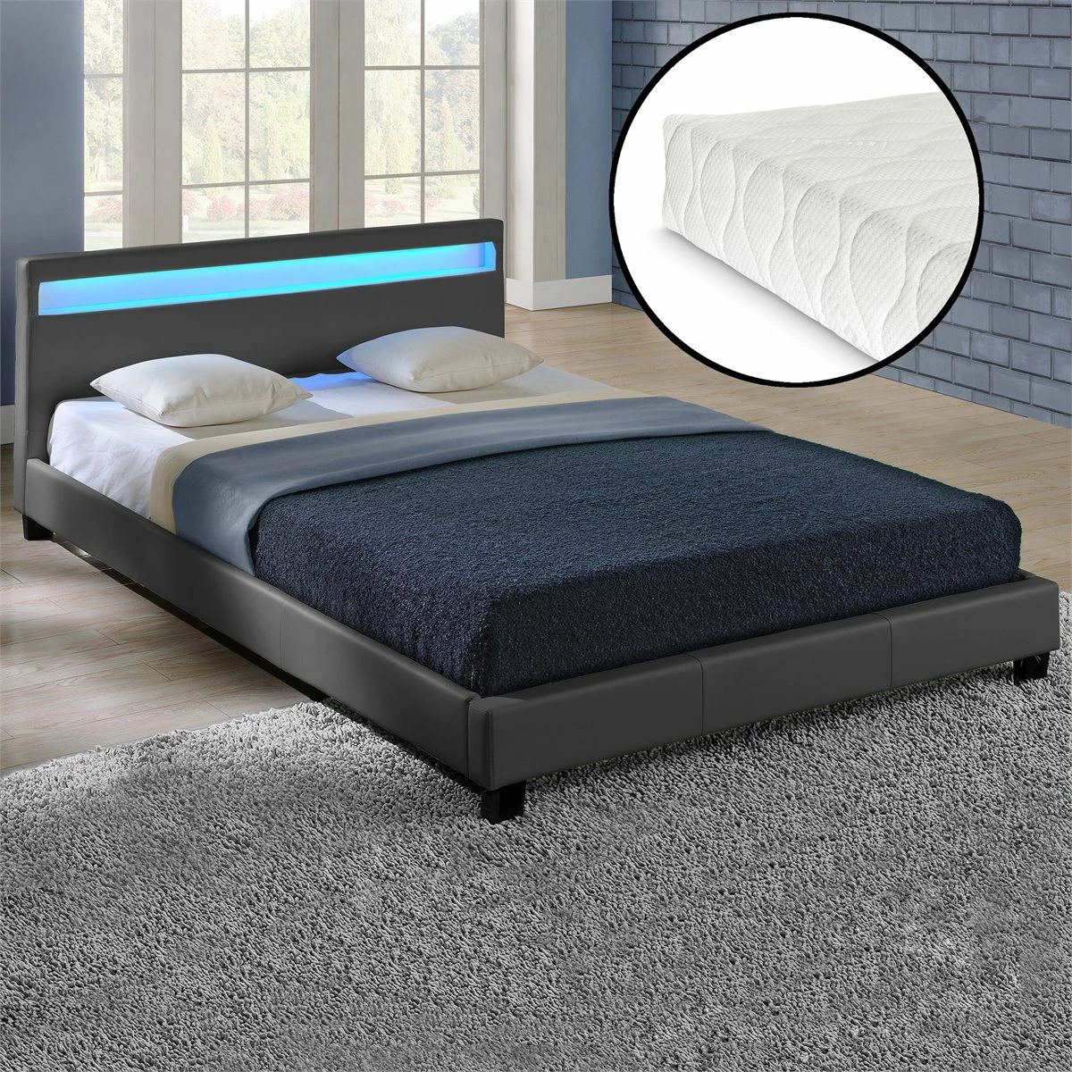 Corium Cama De Matrimonio Paris De Cuero Sintético - Con Colchón Y LED - (140x200cm) - (gris Oscuro)