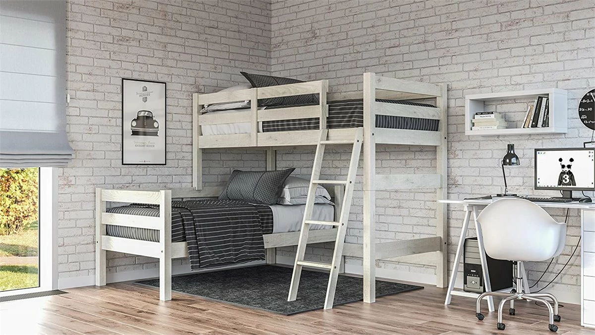 Litera De Madera Maciza De Pino En L Para Cama De 90X190 - Venprodin - Color Blanco Decapé