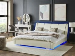 Cama LED De Piel Blanco Crema/plateado 140 X 200 Cm NANTES