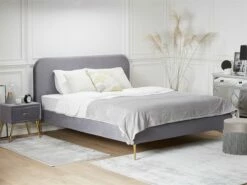 Cama Con Somier De Terciopelo Gris/dorado 160 X 200 Cm FLAYAT