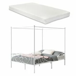 Cama Con Baldaquín Finström Con Colchón Y Marco Alto Acero 140 X 200 Cm - Blanco Mate [en.casa]