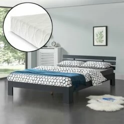 Cama Doble Svensby Con Somier Y Colchón De Pino 180x200 Cm - Gris Oscuro [en.casa]