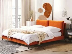 Cama Con Somier De Terciopelo Naranja/negro 180 X 200 Cm MELLE