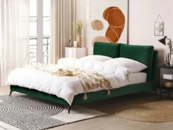 Cama Con Somier De Terciopelo Verde Esmeralda/negro 160 X 200 Cm MELLE