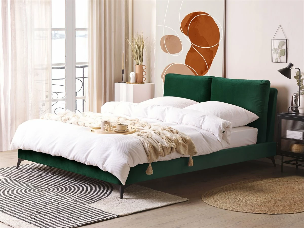 Cama Con Somier De Terciopelo Verde Esmeralda/negro 160 X 200 Cm MELLE