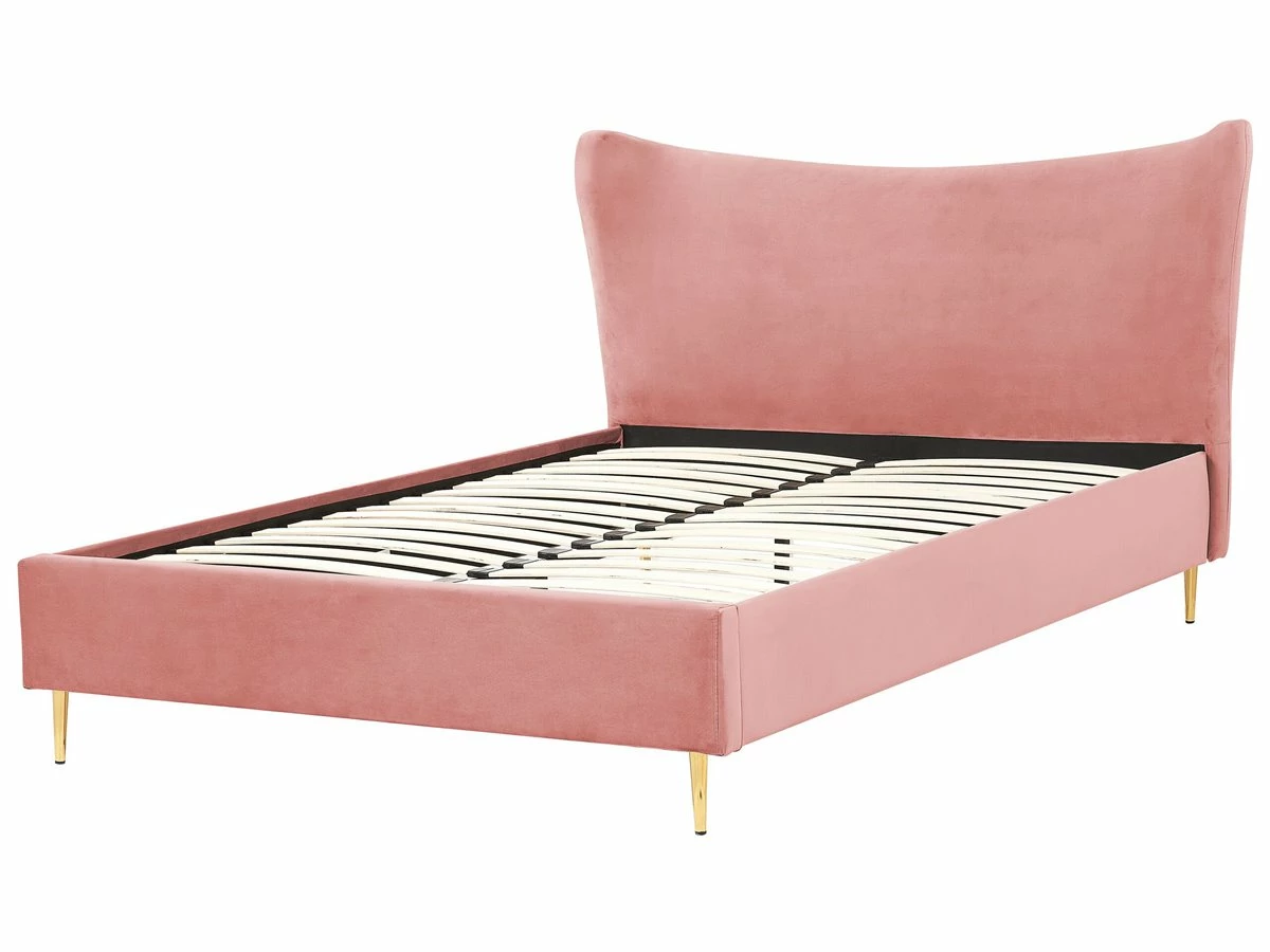 Cama Con Somier De Terciopelo Rosa Melocot贸n/dorado 160 X 200 Cm CHALEIX - Imagen 5