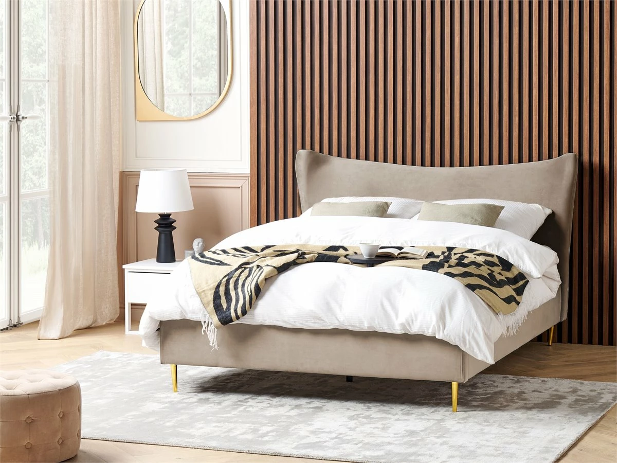 Cama Con Somier De Terciopelo Gris Pardo/dorado 160 X 200 Cm CHALEIX