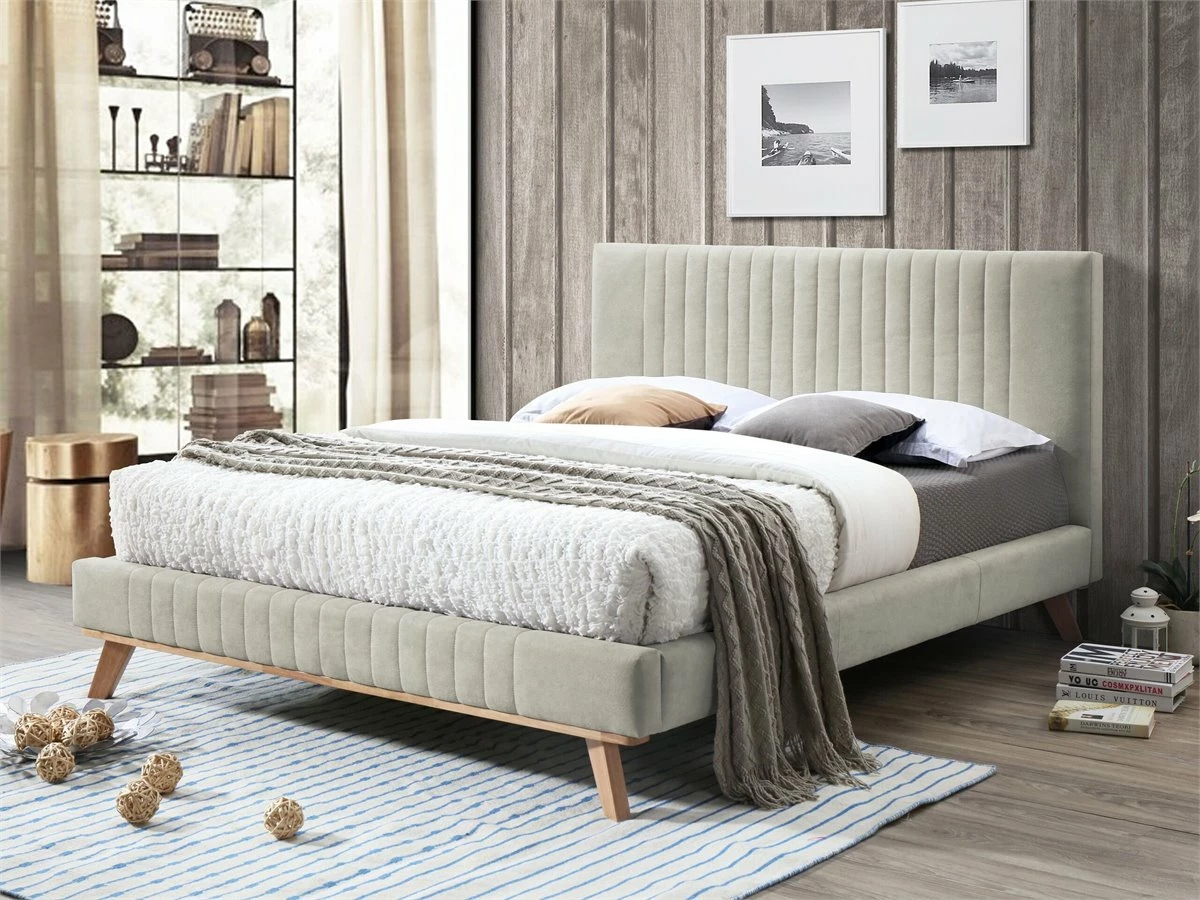 Cama Con Somier De Chenilla Beige Claro/madera Clara 160 X 200 Cm TALENCE - Imagen 4