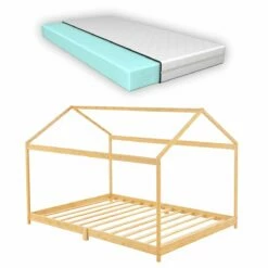 Cama Infantil Vindafjord En Forma De Casa Con Colchón Bambú 80 X 160 Cm - Color Natural [en.casa]