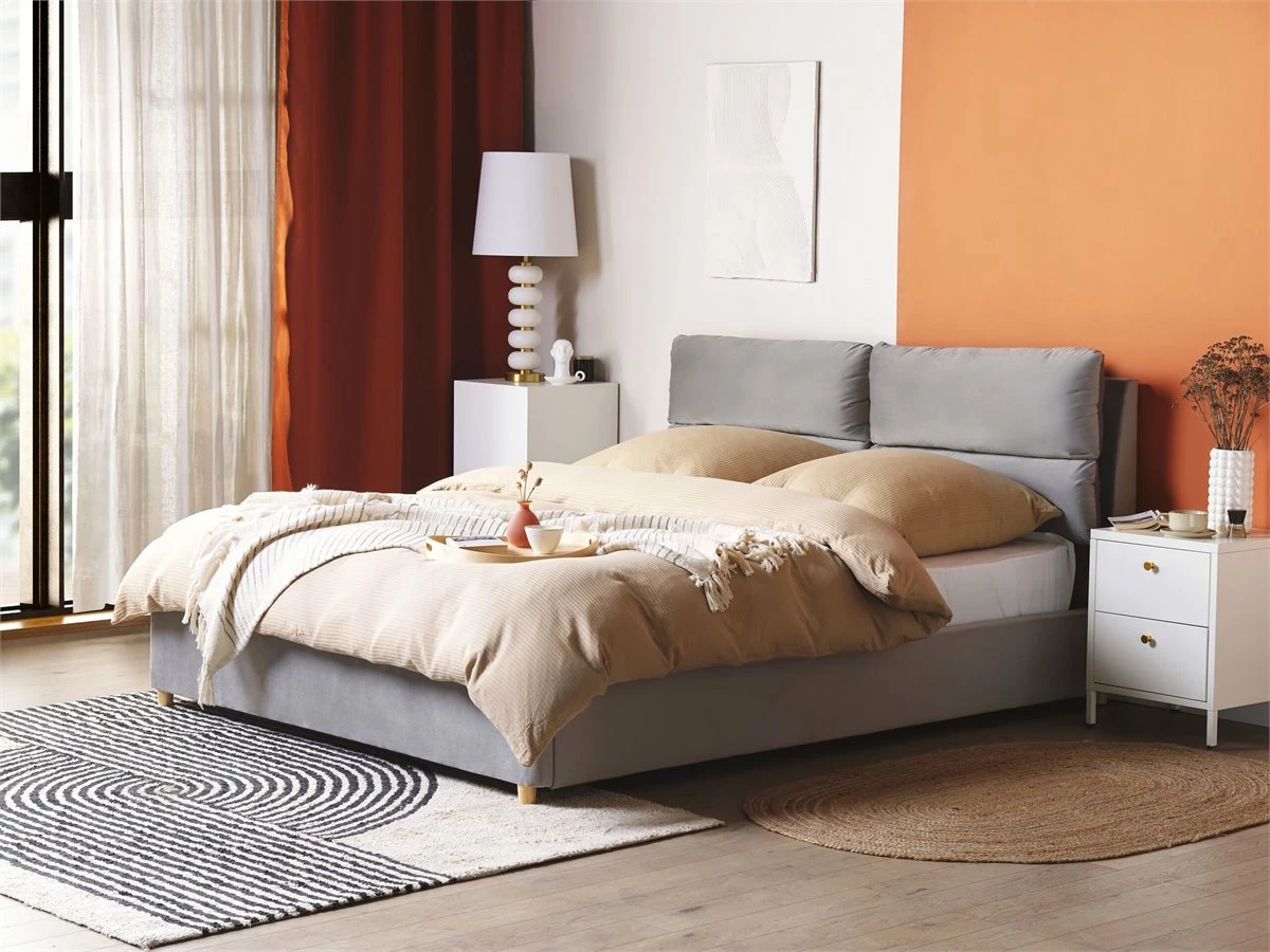 Cama Con Somier De Terciopelo Gris Claro 160 X 200 Cm BATILLY