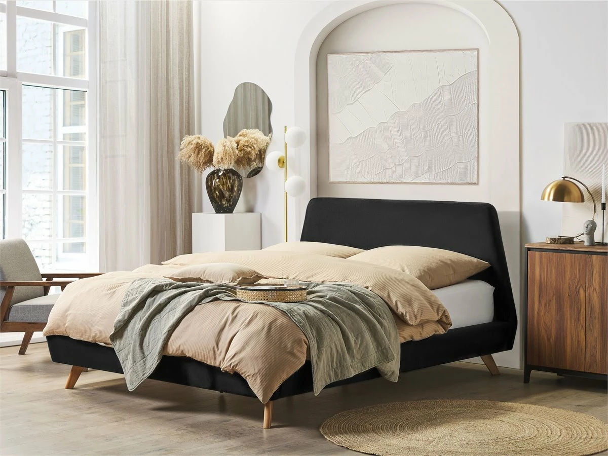 Cama Con Somier De Terciopelo Negro/madera Clara 180 X 200 Cm VIENNE