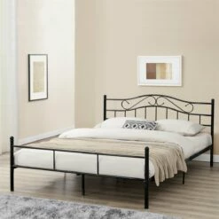 Cama Doble (Florenz)con Cabecero Curvado Y Somier Metal - (200 X 200cm) (negro) [en.casa]