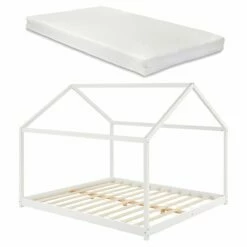 Cama Para Niños Cerro Con Colchón En Forma De Casa Madera Pino 160 X 200 Cm - Blanco [en.casa]