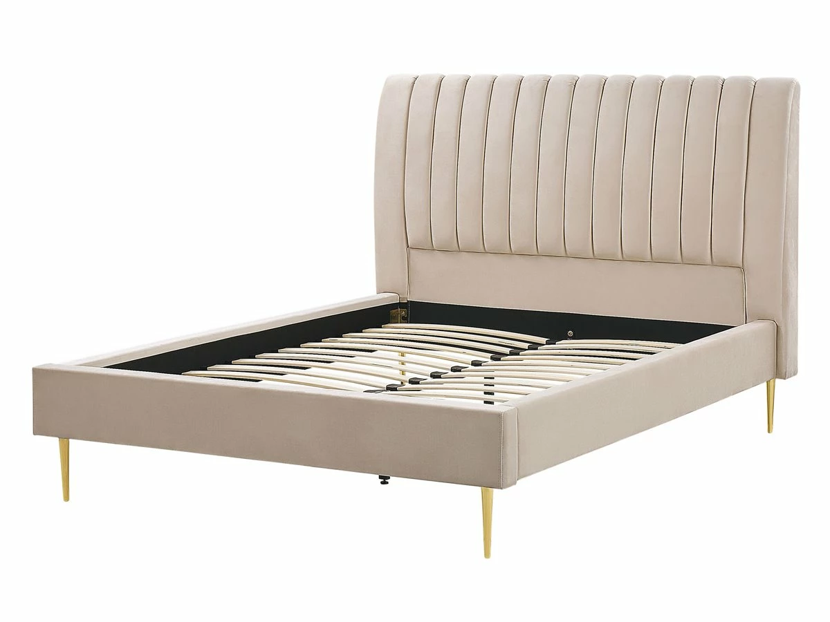 Cama Con Somier De Terciopelo Beige Arena/dorado 140 X 200 Cm MARVILLE - Imagen 4