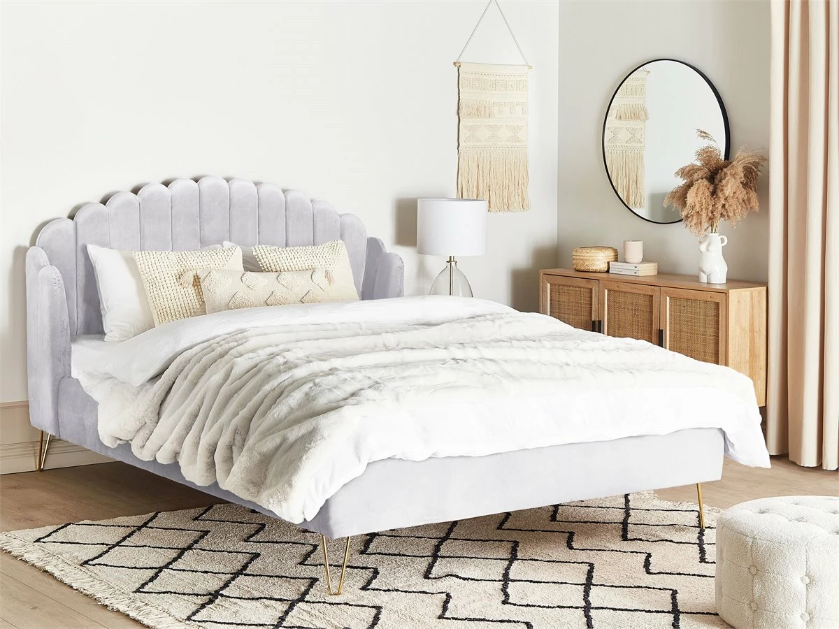 Cama Con Somier De Terciopelo Gris Claro/dorado 180 X 200 Cm AMBILLOU