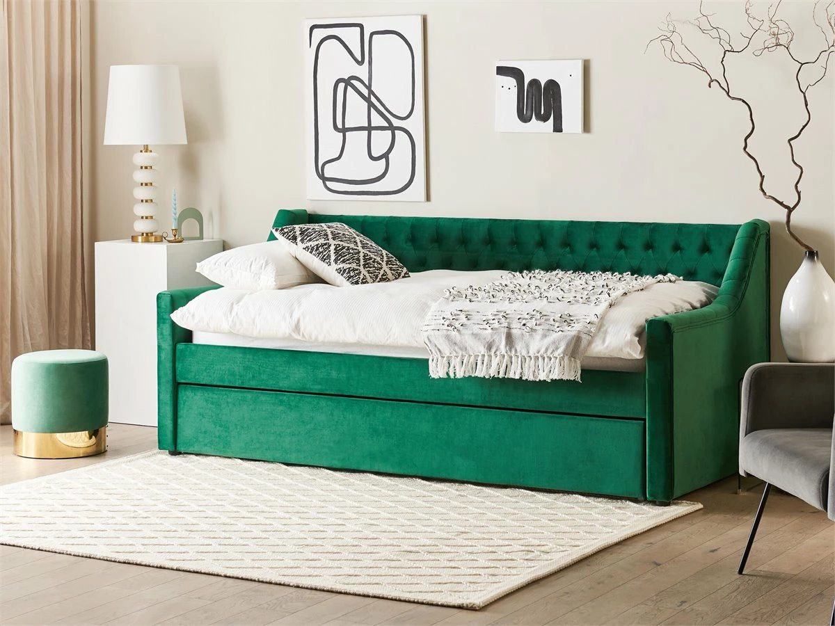 Cama Con Somier De Terciopelo Verde Esmeralda 90 X 200 Cm MONTARGIS - Imagen 4