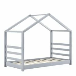 Cama Para Niños Vardø Con Somier - Forma De Casa - Pino 160 X 80 Cm - Gris Lacado Mate [en.casa]