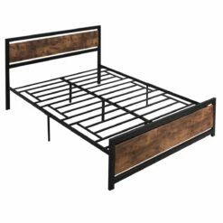 HOMCOM Marco De Cama Doble De Metal Para Colchón 150x200 Cm Con Cabecera De Madera Estructura De Cama Con Espacio Bajo De Almacenamiento 160x208x103 Cm Negro Y Marrón Rústico